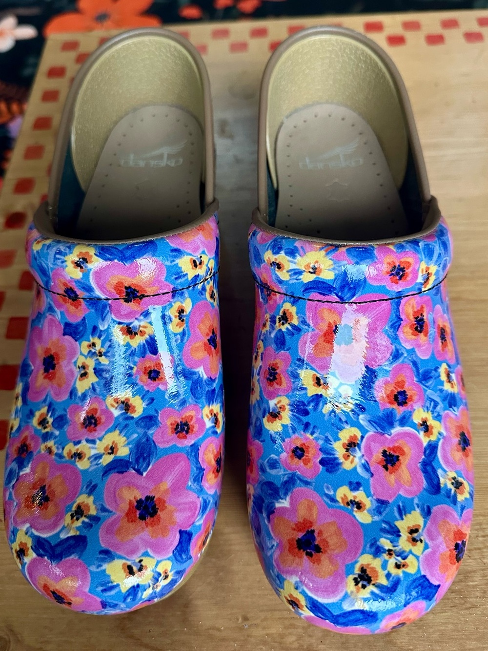 Dansko Floral Slip-On Clogs in Blue and Pink